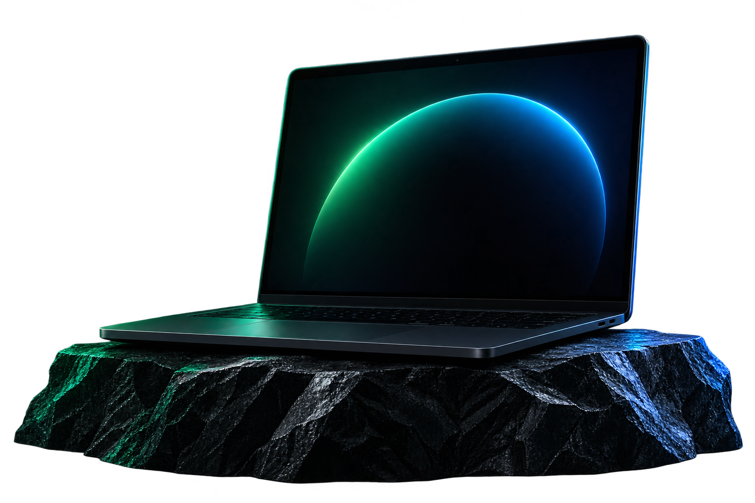 Black laptop on a sculpted stone platform with teal and blue light