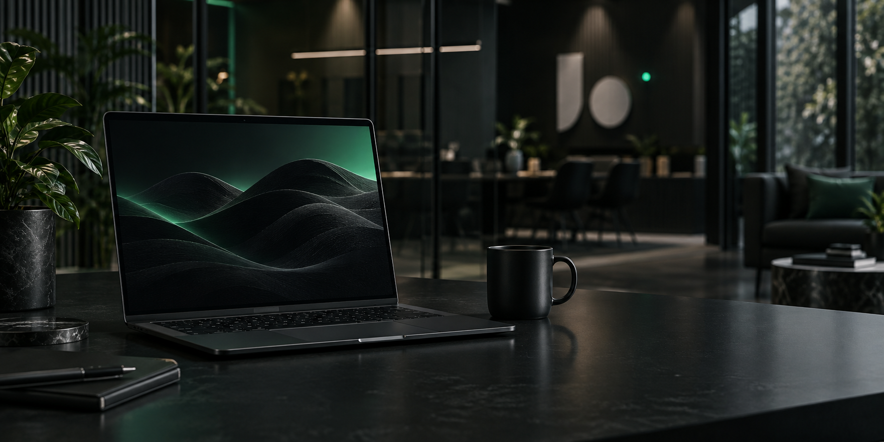 Dark modern Compass workspace with a laptop and coffee mug
